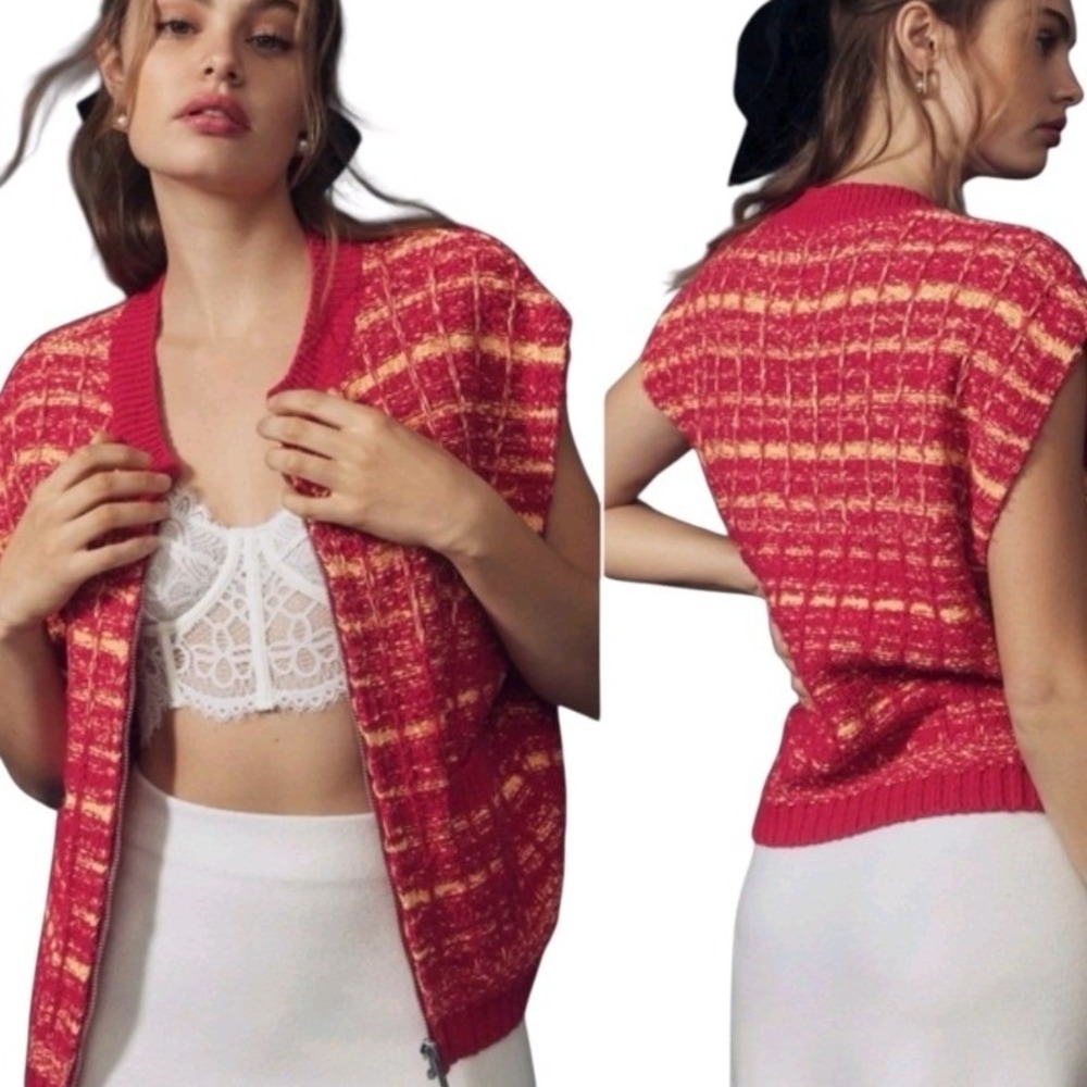 Maeve Anthropologie Red Orange Striped Full‎ Zip Knit Sweater Vest Womens Large